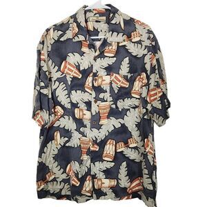 Tommy Bahama silk shirt button front short sleeve blue bingo drum palm frond Med